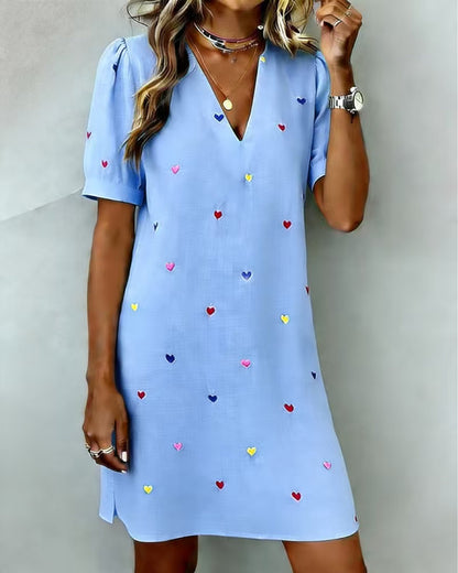 Women's V-Neck Linen-Cotton Love Heart Print Dress