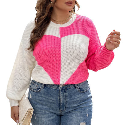 Plus Size Women's Knit Sweater with Heart Patchwork