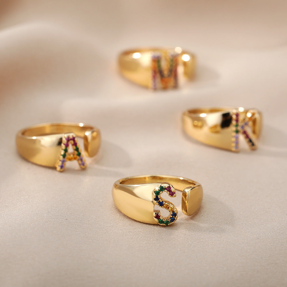 18K Gold Plated Micro Pave Colorful Zircon Letter Ring with 26 Letters Open Design