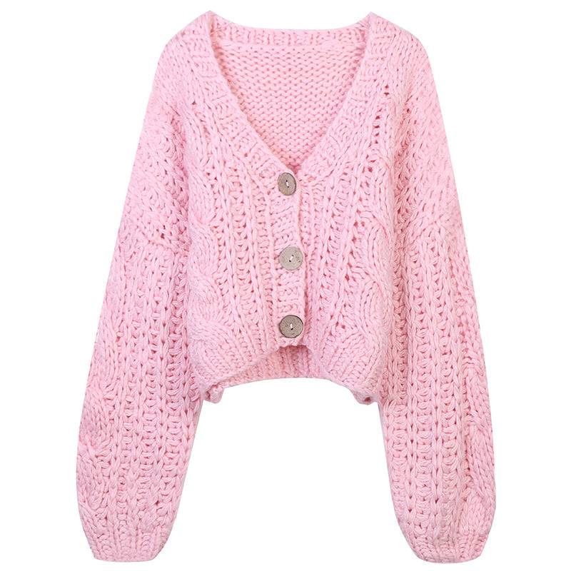 Women's long sleeved V-neck pink hollow thick loose knit cardigan jacket