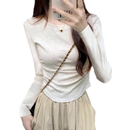 Autumn New Pleated Long Sleeve Inner Top for Women, Irregular Hem T-Shirt, Pure Cotton Basic Shirt