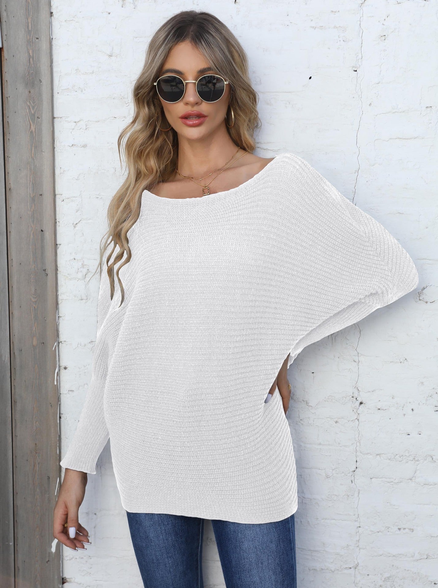 Ladies Knit Sweater Batwing Sleeve Boat Neck Loose Striped Sweater