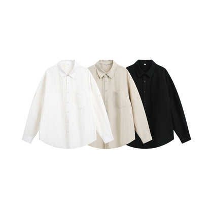 Minimalist Solid Color Slightly Wrinkled Linen Blend Loose Long Sleeve Shirt