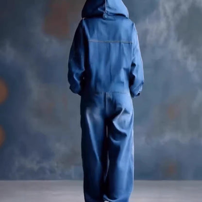 Causal Printed Denim Long Sleeve Jumpsuit with Large Pockets for Women