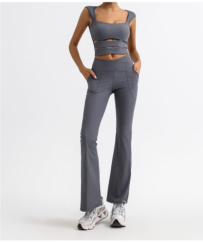 Fashion Stripe Breathable Quick-Dry Yoga Tank Top with Cross V-Waist Flared Pants for Outdoor Sports and Casual Yoga Wear