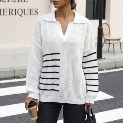 Colorful Patchwork Stripe Polo Neck Knitwear Women's Pullover Woven Top