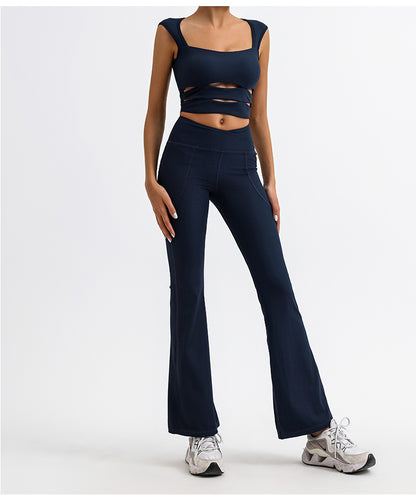 Fashion Stripe Breathable Quick-Dry Yoga Tank Top with Cross V-Waist Flared Pants for Outdoor Sports and Casual Yoga Wear