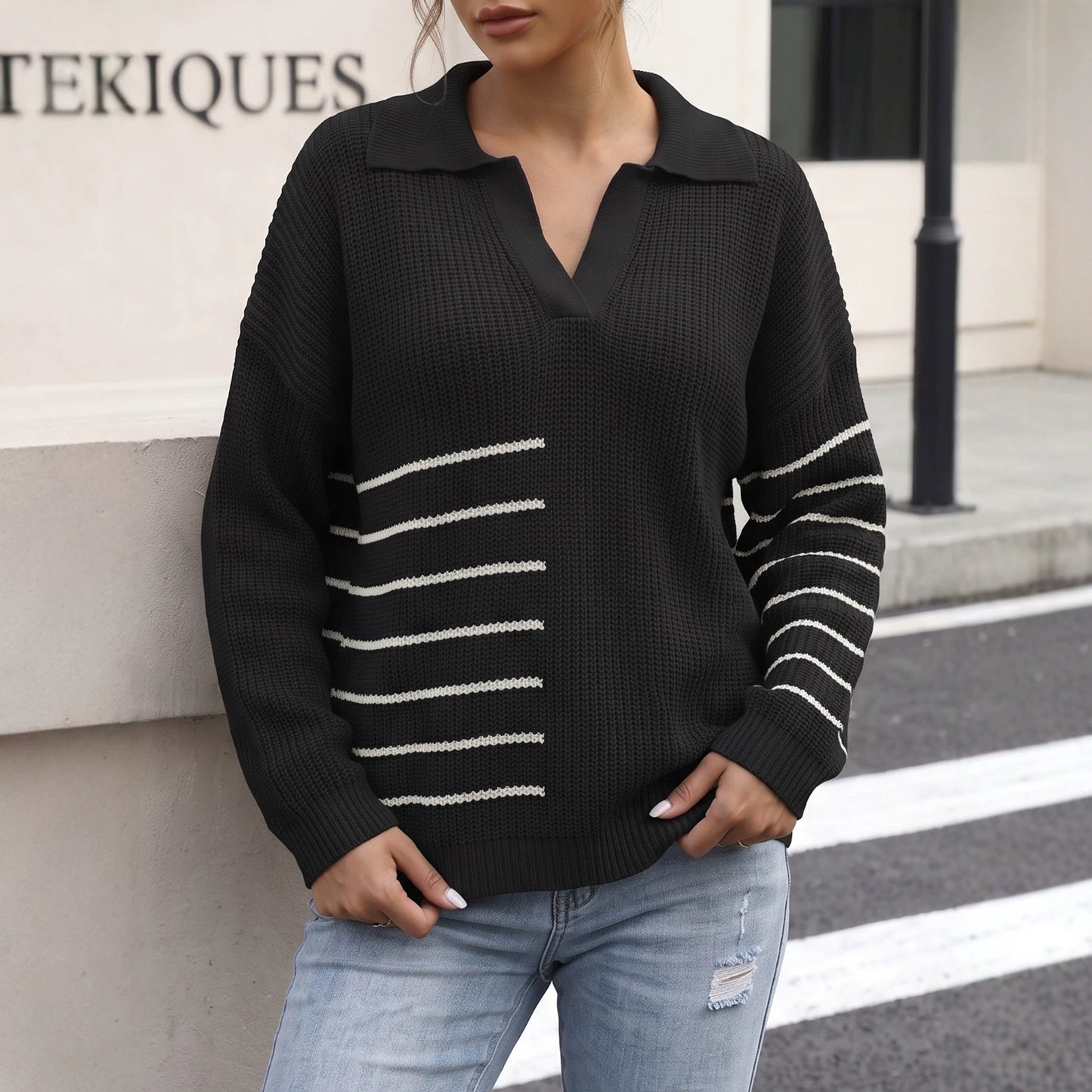 Colorful Patchwork Stripe Polo Neck Knitwear Women's Pullover Woven Top
