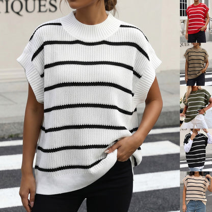 Women's Knitted Sweater Vest, New Striped Color-blocked Pullover Knit Loose Vest Top