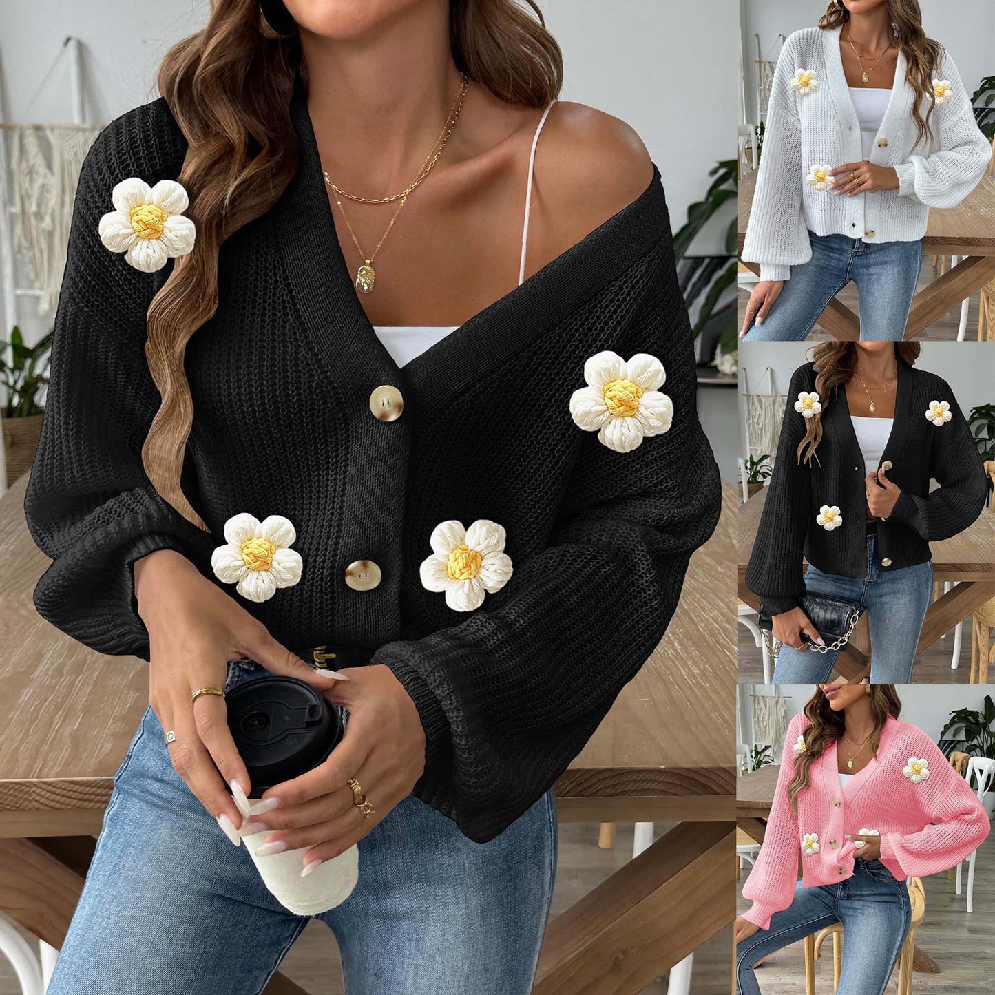 Lady Knit Sweater Crochet Flower Patchwork Short Buttoned Cardigan Coat Outerwear