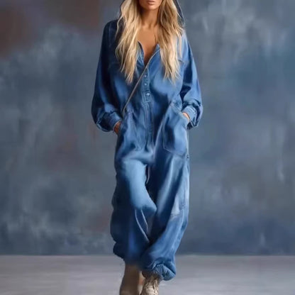 Causal Printed Denim Long Sleeve Jumpsuit with Large Pockets for Women