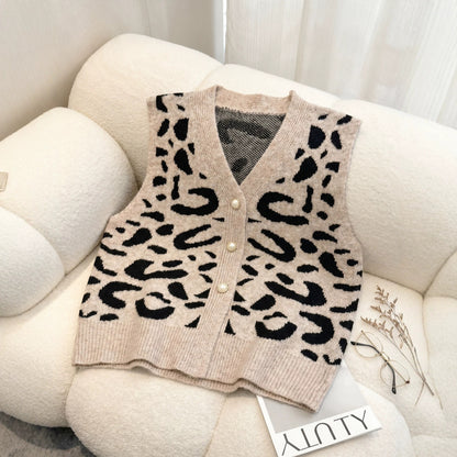 Leopard Print V-Neck Knitted Cardigan Sweater Coat Short Top with Imitation Pearl Buttons Loose Vest