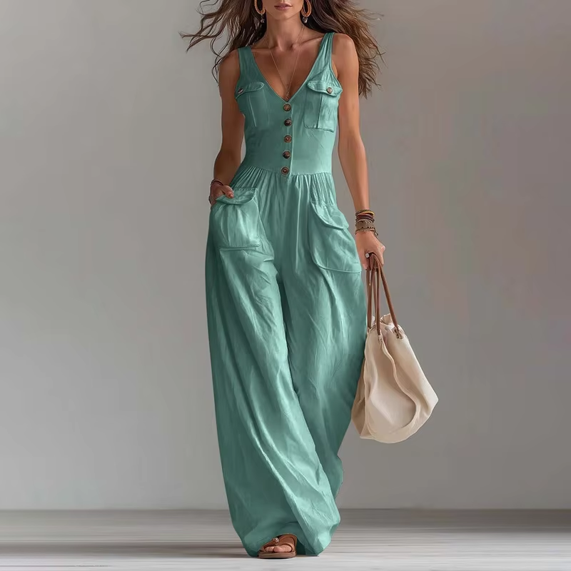 Pocket V-neck button vest jumpsuit for women