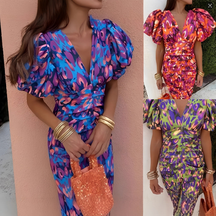 Printed Casual V-Neck Fitted Bodycon Slim Waist Bubble Sleeve Dress