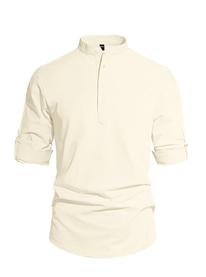 Men's Cotton Linen Henley Collar Solid Color Lightweight Long Sleeve Button-Down Shirt