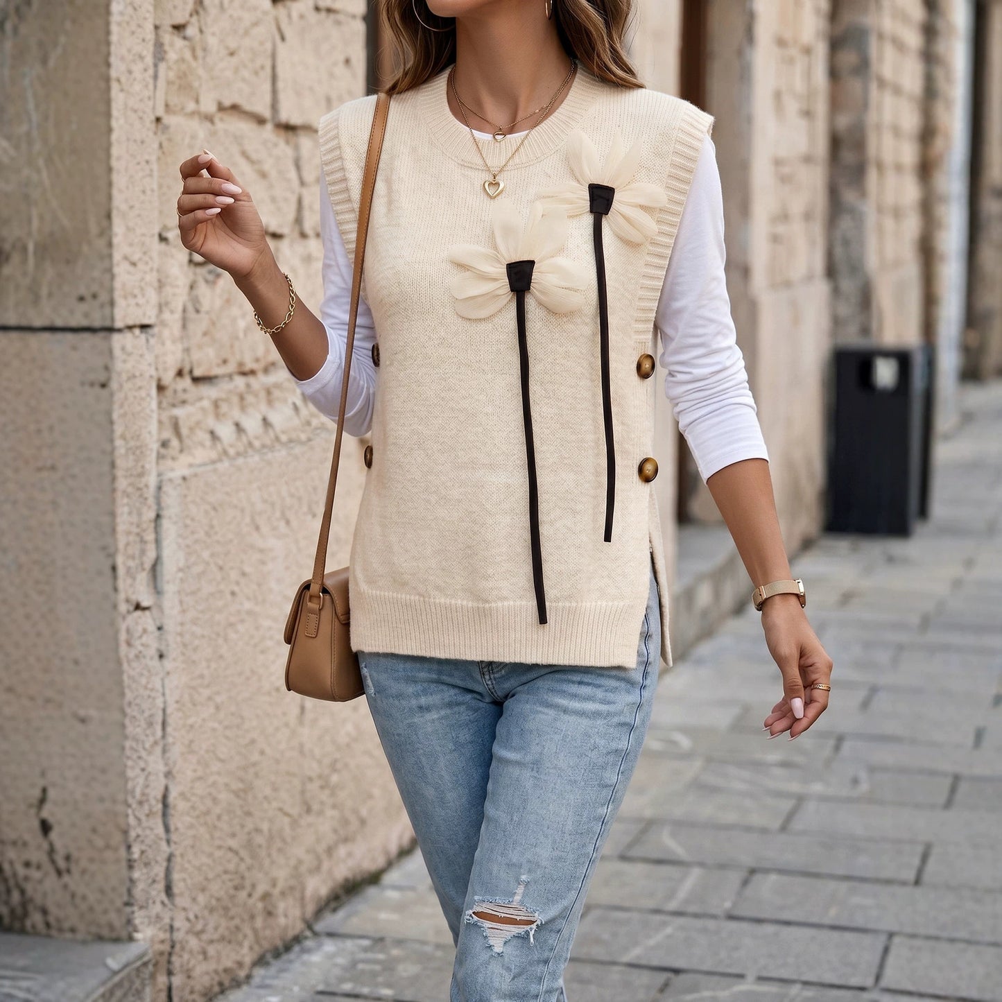 Sweater Vest Round Neck Solid Color Buttoned Women's Knitwear 3D Flower