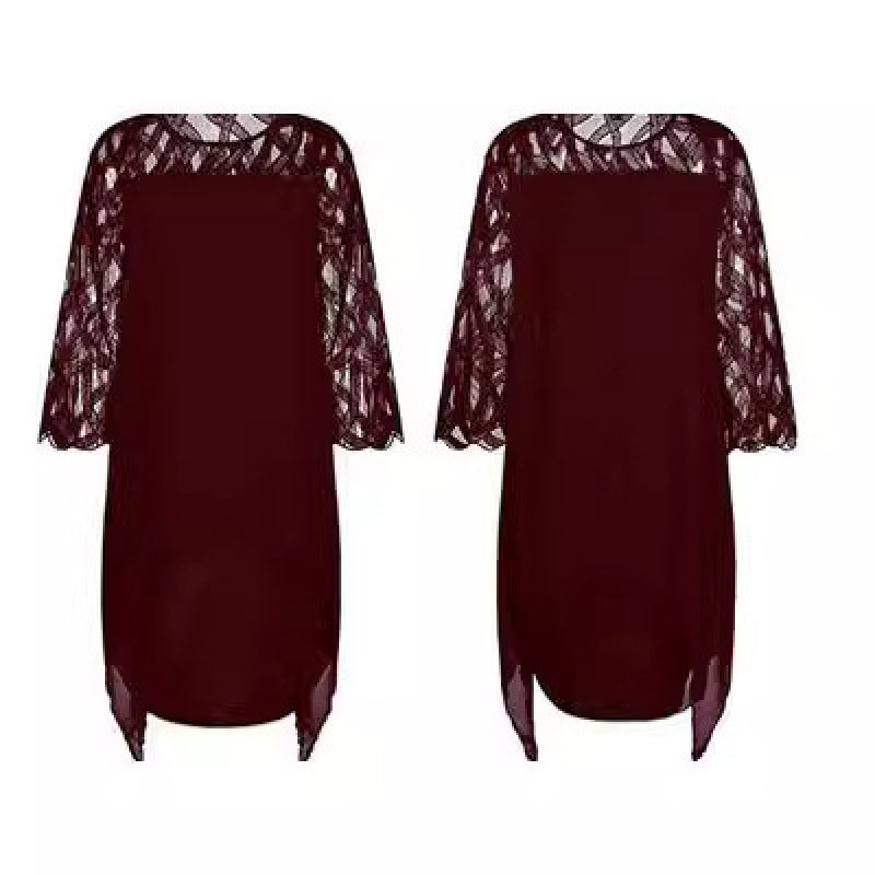 Lace Patchwork Three-Quarter Sleeve Irregular Hem Chiffon Dress