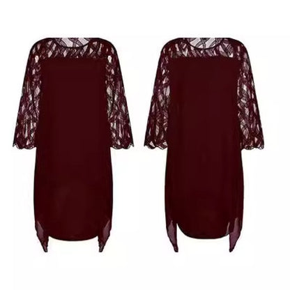 Lace Patchwork Three-Quarter Sleeve Irregular Hem Chiffon Dress