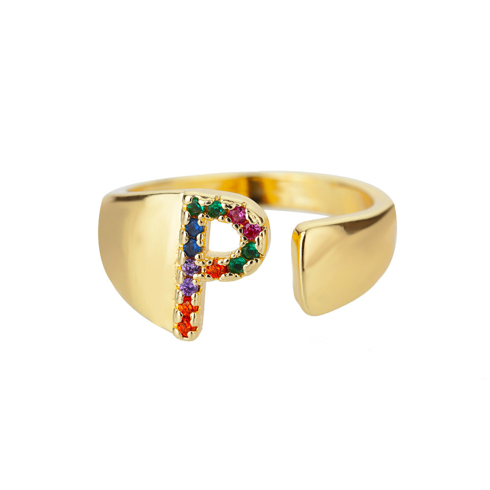 18K Gold Plated Micro Pave Colorful Zircon Letter Ring with 26 Letters Open Design
