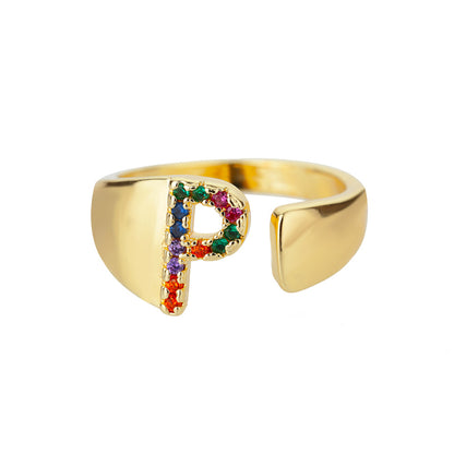 18K Gold Plated Micro Pave Colorful Zircon Letter Ring with 26 Letters Open Design