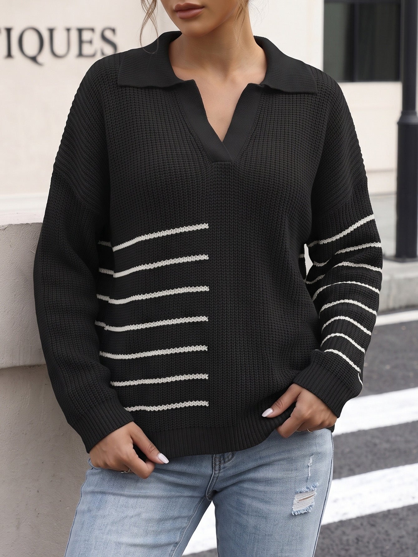 Colorful Patchwork Stripe Polo Neck Knitwear Women's Pullover Woven Top