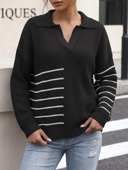 Colorful Patchwork Stripe Polo Neck Knitwear Women's Pullover Woven Top