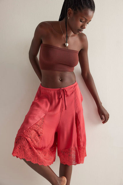 Women's Lightweight Satin Lace Sexy Trimmed Mid-Length Pants