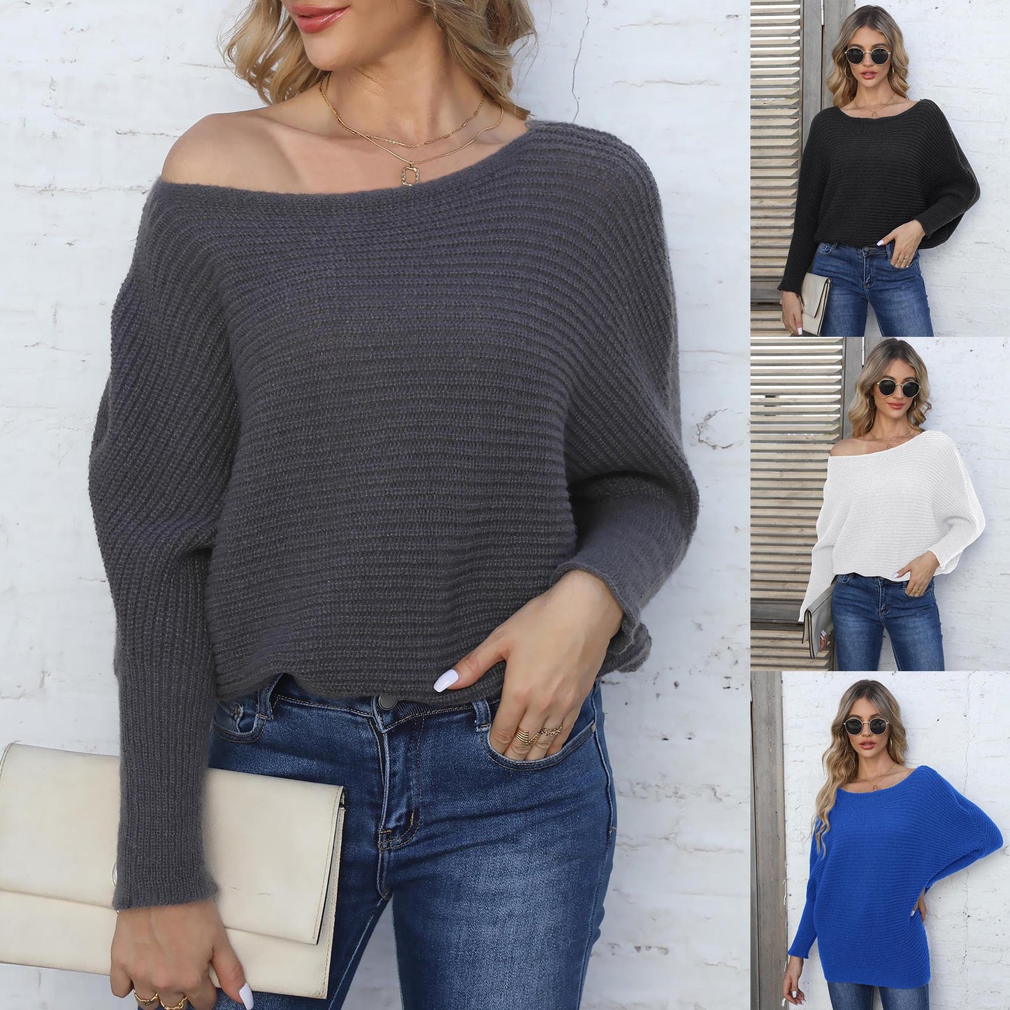 Ladies Knit Sweater Batwing Sleeve Boat Neck Loose Striped Sweater