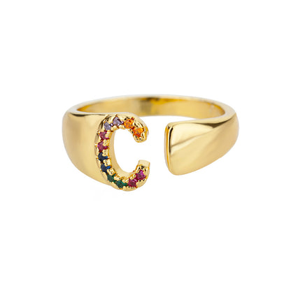 18K Gold Plated Micro Pave Colorful Zircon Letter Ring with 26 Letters Open Design