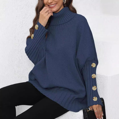 Knitted Sweater for Women, Solid Color, High Neck, Turn-down Collar, Loose Fit, Buttoned Knit Top