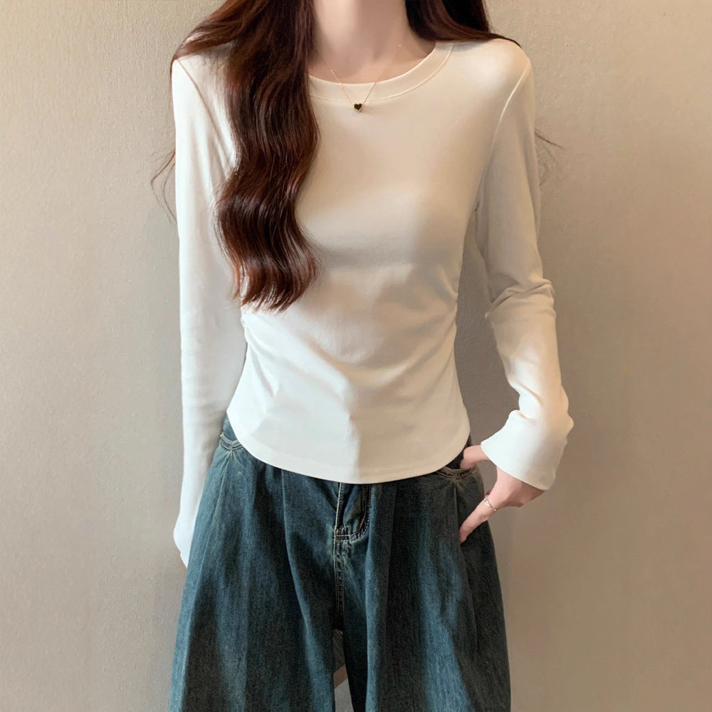 Autumn New Pleated Long Sleeve Inner Top for Women, Irregular Hem T-Shirt, Pure Cotton Basic Shirt