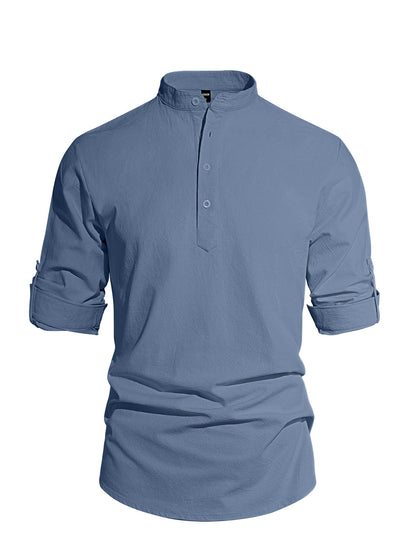 Men's Cotton Linen Henley Collar Solid Color Lightweight Long Sleeve Button-Down Shirt