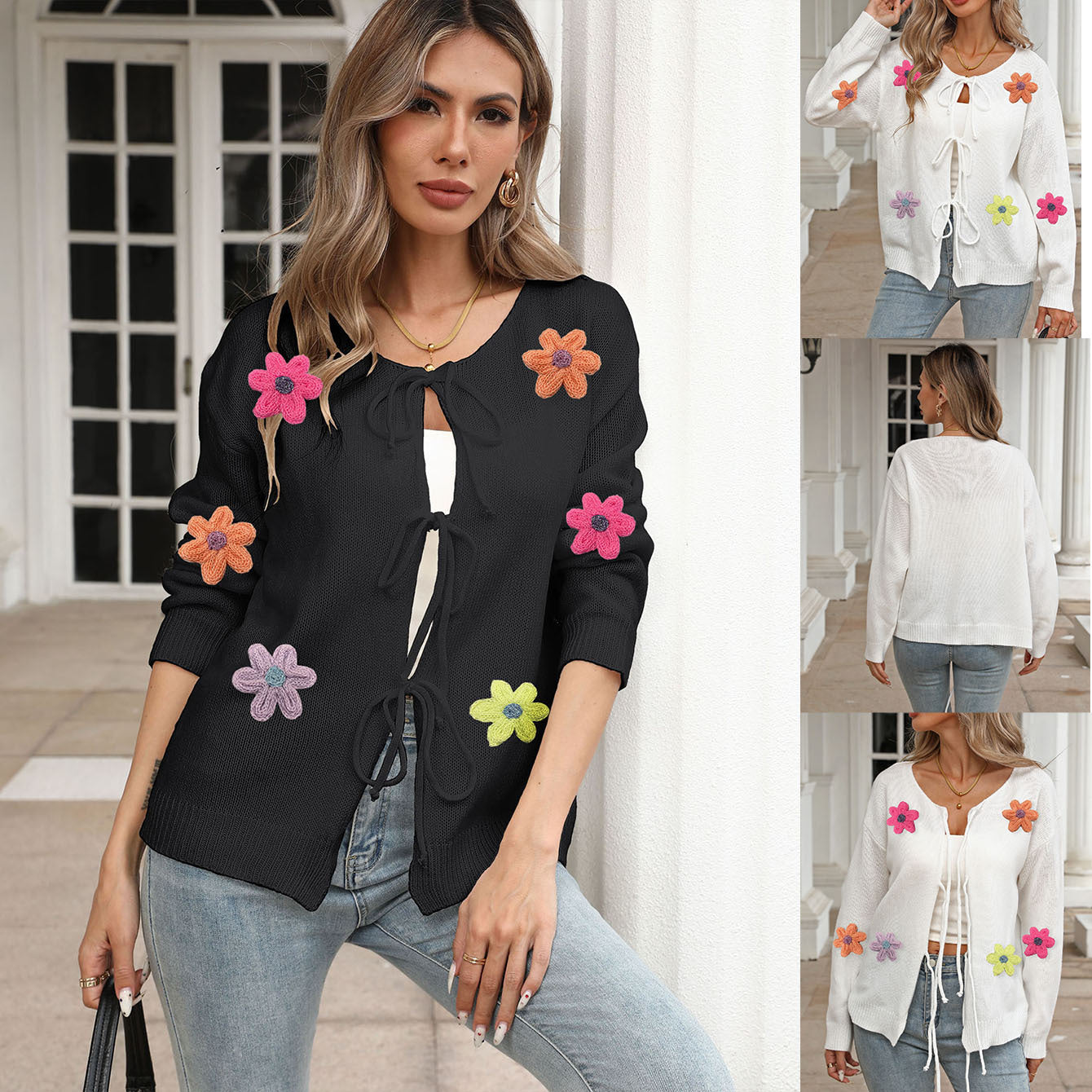 Knit Cardigan Coat with Tie Bow, Wool Embroidery Flower Patchwork for Women