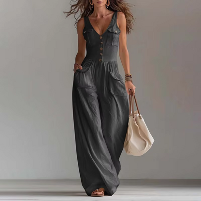 Pocket V-neck button vest jumpsuit for women