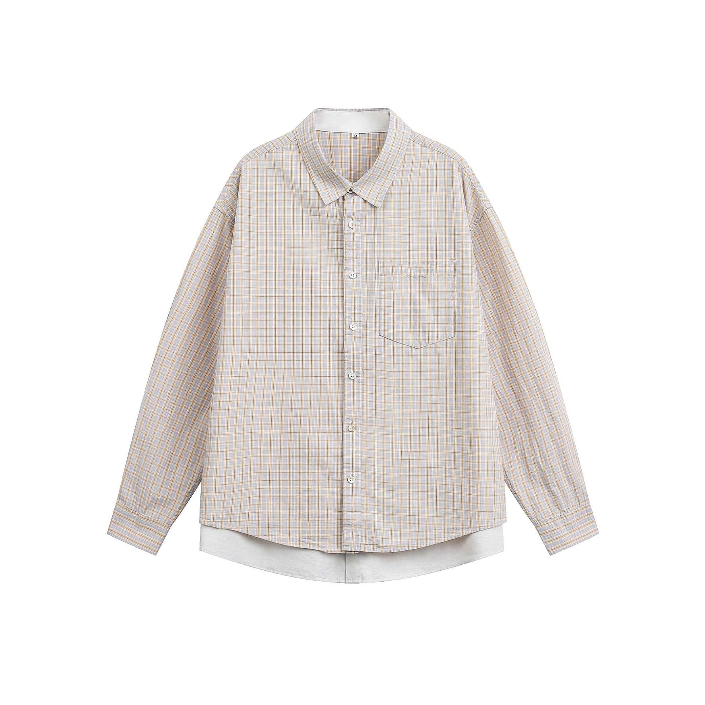 Color Block Plaid Long Sleeve False Two-Piece Patch Pocket Loose Fit Men's Shirt