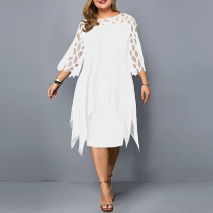 Lace Patchwork Three-Quarter Sleeve Irregular Hem Chiffon Dress