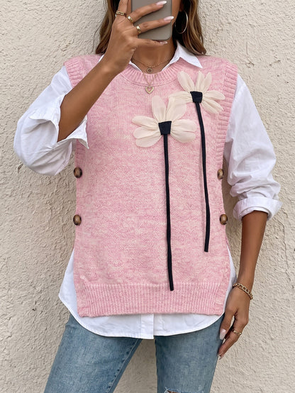 Sweater Vest Round Neck Solid Color Buttoned Women's Knitwear 3D Flower