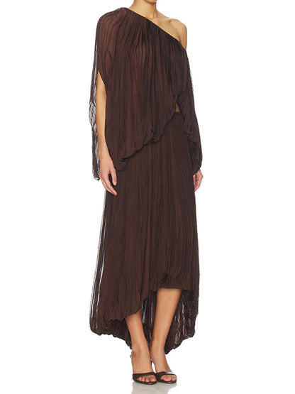 Wrinkled single-shoulder top and skirt set