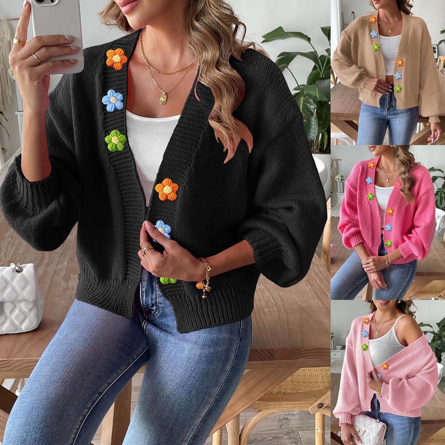 Ladies' Knitted Sweater Coat with Hand-Crocheted Floral Patchwork, Short Sleeveless Cardigan