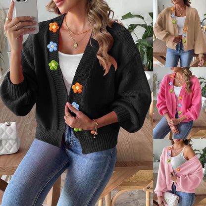 Ladies' Knitted Sweater Coat with Hand-Crocheted Floral Patchwork, Short Sleeveless Cardigan