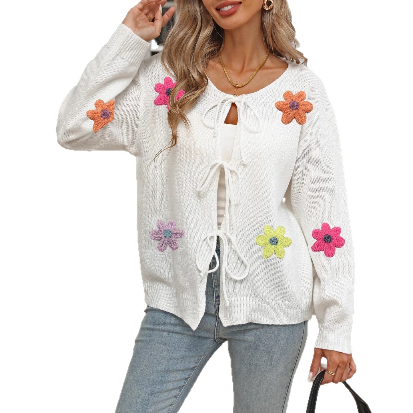 Knit Cardigan Coat with Tie Bow, Wool Embroidery Flower Patchwork for Women