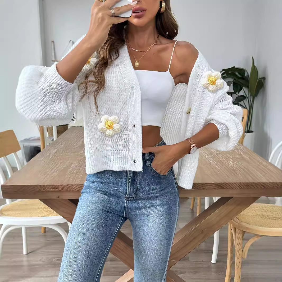 Lady Knit Sweater Crochet Flower Patchwork Short Buttoned Cardigan Coat Outerwear
