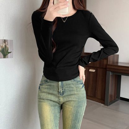 Autumn New Pleated Long Sleeve Inner Top for Women, Irregular Hem T-Shirt, Pure Cotton Basic Shirt