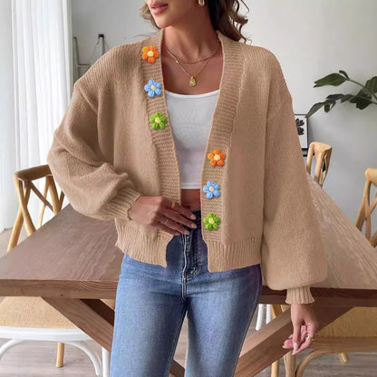 Ladies' Knitted Sweater Coat with Hand-Crocheted Floral Patchwork, Short Sleeveless Cardigan