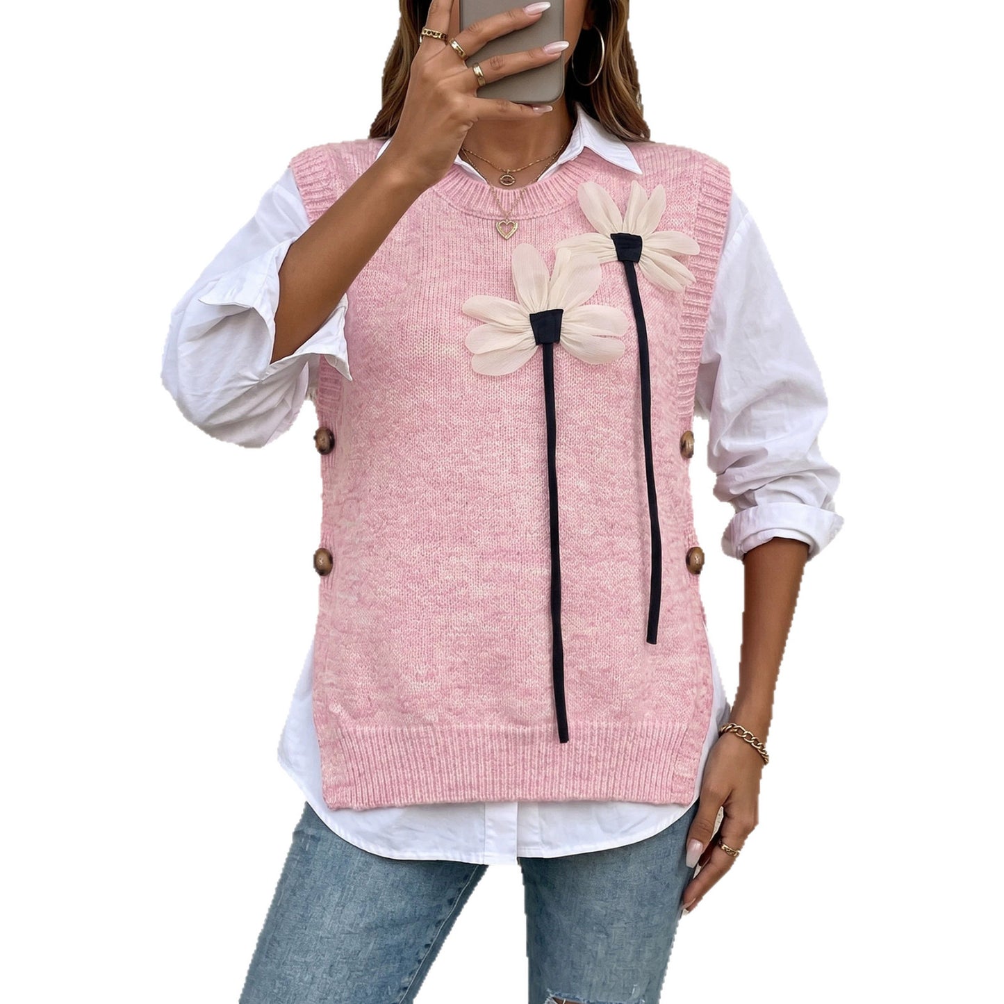 Sweater Vest Round Neck Solid Color Buttoned Women's Knitwear 3D Flower