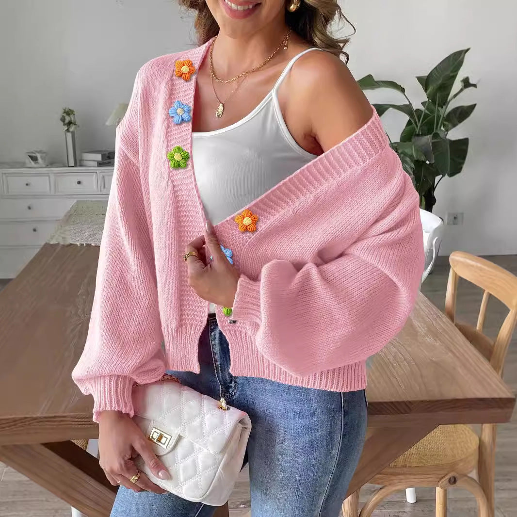 Ladies' Knitted Sweater Coat with Hand-Crocheted Floral Patchwork, Short Sleeveless Cardigan