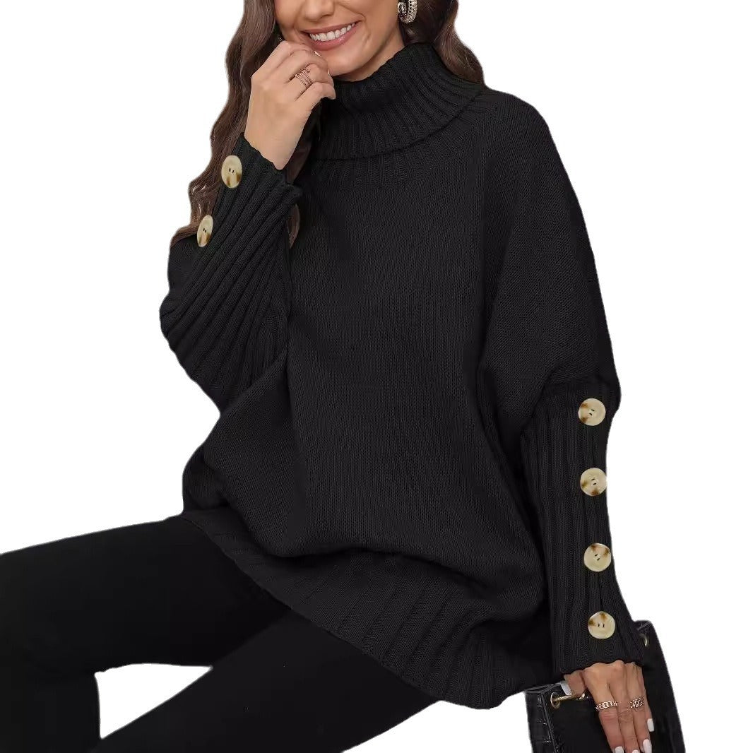 Knitted Sweater for Women, Solid Color, High Neck, Turn-down Collar, Loose Fit, Buttoned Knit Top