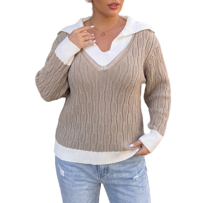 Long Sleeve Turn-down Collar  Knitted Sweater for Women
