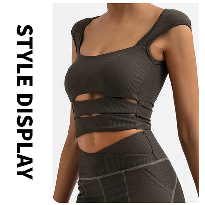 New  Fashion Double-Shoulder Low-Cut Striped Sexy Yoga T-Shirt for Outdoor Sports, Casual Semi-Formal Wear