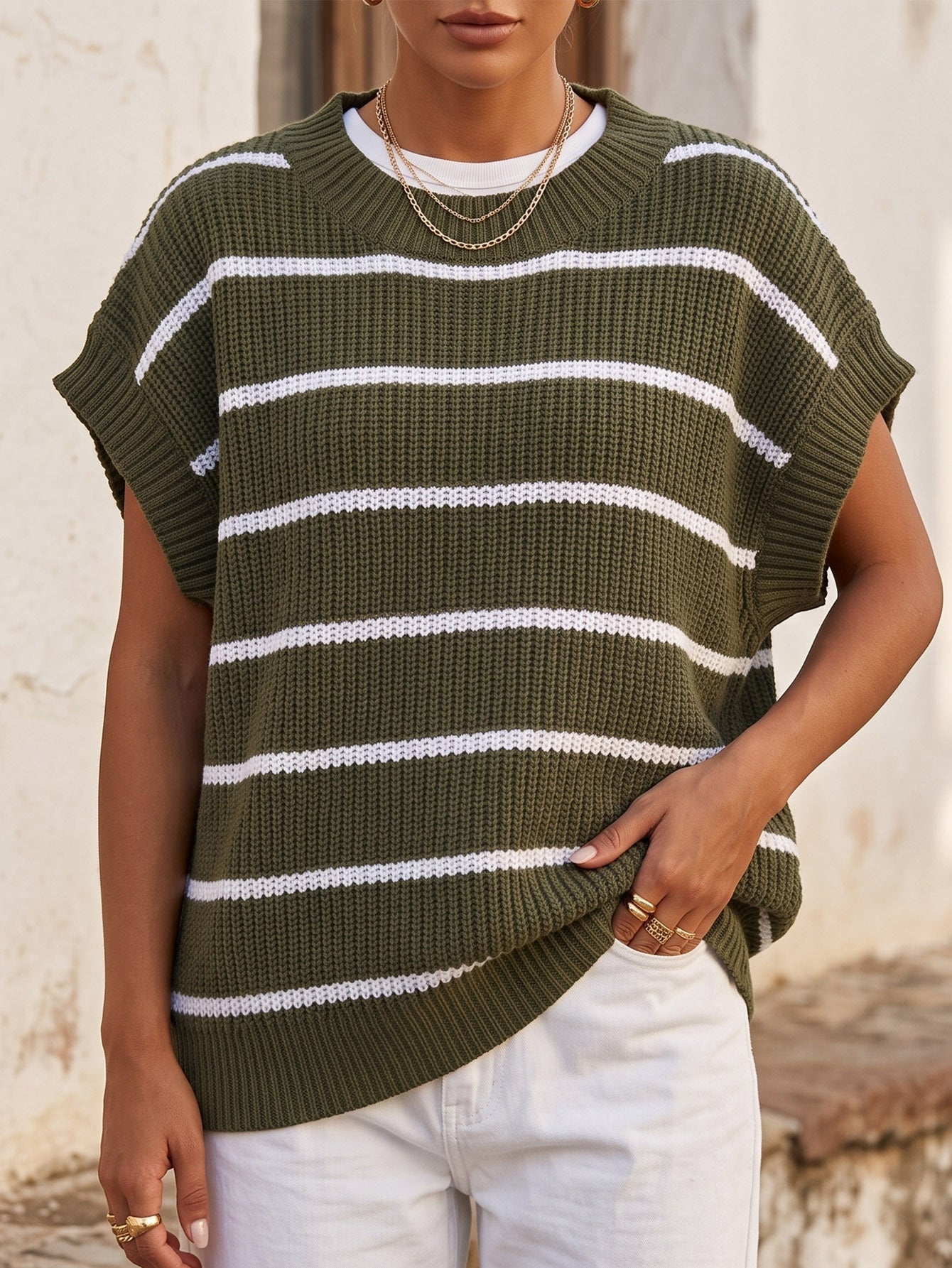 Women's Knitted Sweater Vest, New Striped Color-blocked Pullover Knit Loose Vest Top